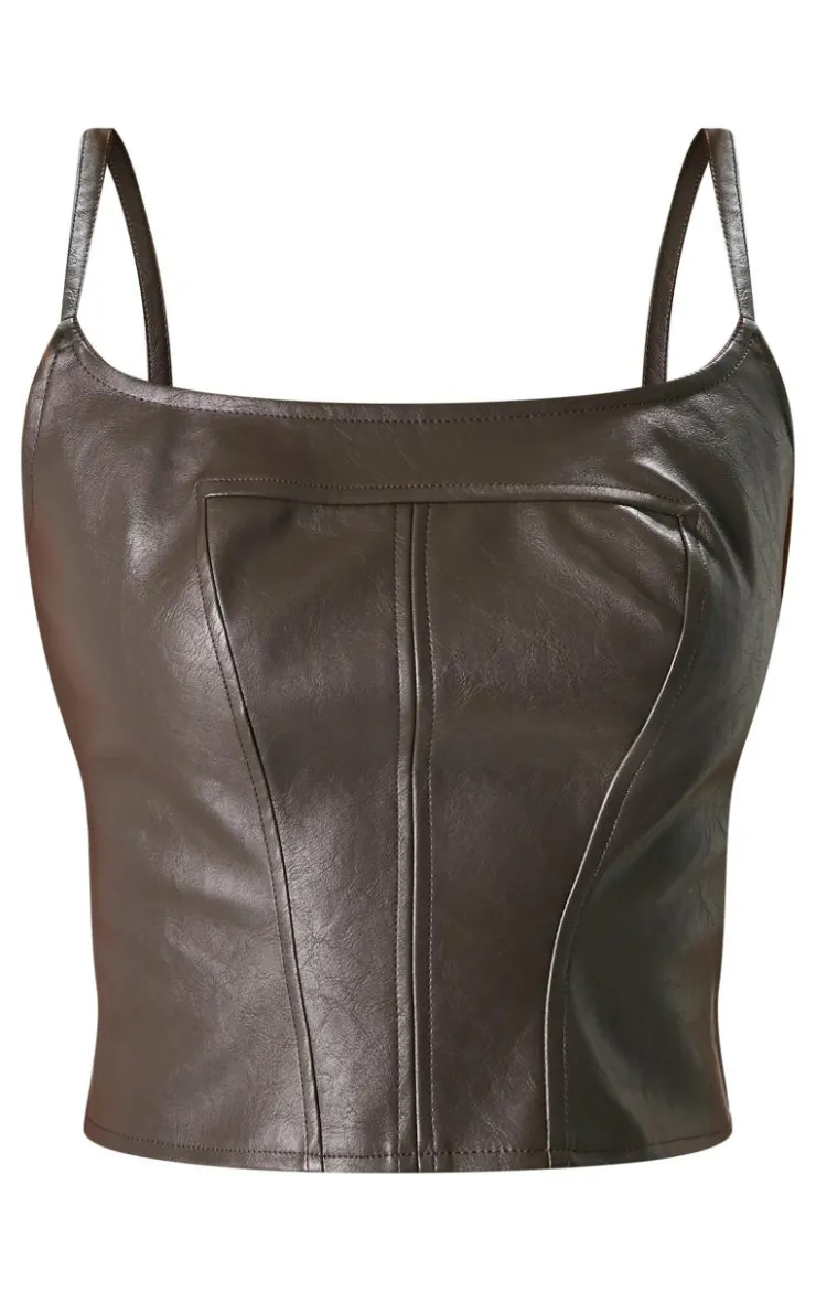 PrettyLittleThing Corsets*Chocolate Faux Leather Square Neck Long Corset