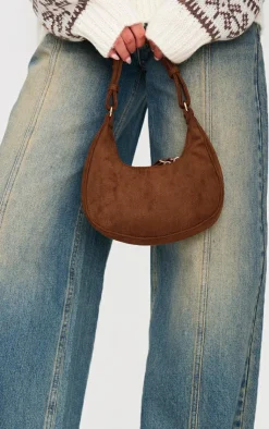 PrettyLittleThing Shoulder Bags*Chocolate Faux Suede Mini Double Zip Circle Grab Bag