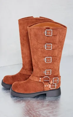PrettyLittleThing Knee High Boots*Faux Suede Square Toe Brushed Buckle Knee Boots