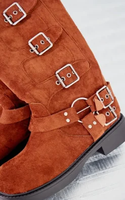 PrettyLittleThing Knee High Boots*Faux Suede Square Toe Brushed Buckle Knee Boots