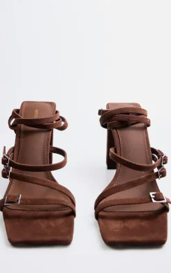 PrettyLittleThing Heeled Sandals*Faux Suede Square Toe Buckle Strappy Block Heeled Sandals