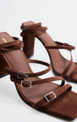 PrettyLittleThing Heeled Sandals*Faux Suede Square Toe Buckle Strappy Block Heeled Sandals