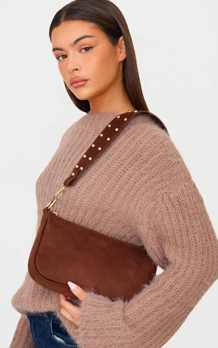 PrettyLittleThing Shoulder Bags*Chocolate Faux Suede Studded Handle Shoulder Bag