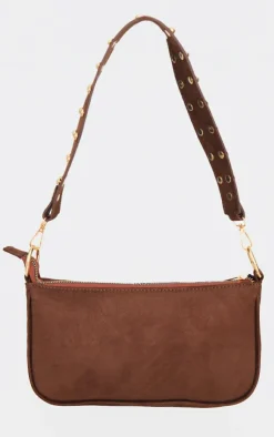 PrettyLittleThing Shoulder Bags*Chocolate Faux Suede Studded Handle Shoulder Bag