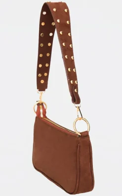 PrettyLittleThing Shoulder Bags*Chocolate Faux Suede Studded Handle Shoulder Bag