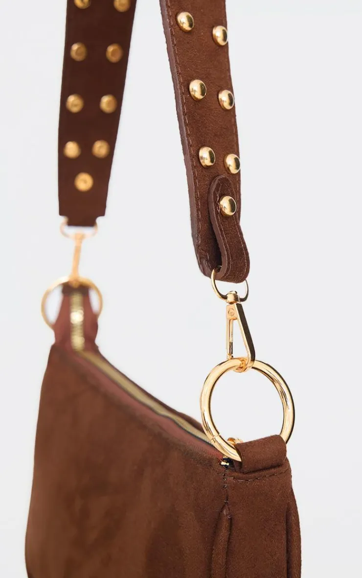 PrettyLittleThing Shoulder Bags*Chocolate Faux Suede Studded Handle Shoulder Bag