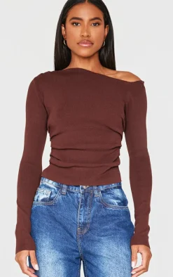 PrettyLittleThing Knitted Tops*Chocolate Fine Knit Asymmetric Top