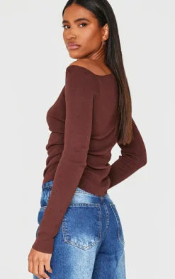 PrettyLittleThing Knitted Tops*Chocolate Fine Knit Asymmetric Top