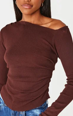 PrettyLittleThing Knitted Tops*Chocolate Fine Knit Asymmetric Top