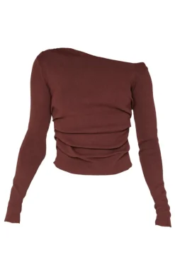 PrettyLittleThing Knitted Tops*Chocolate Fine Knit Asymmetric Top