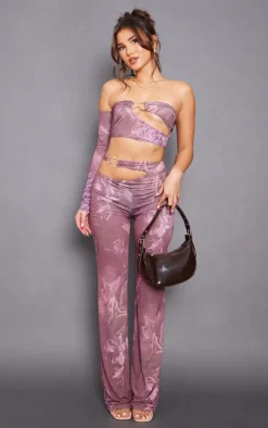 Discount PrettyLittleThing Floral Slinky Cut Out Wide Leg Pants Chocolate