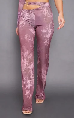 Discount PrettyLittleThing Floral Slinky Cut Out Wide Leg Pants Chocolate