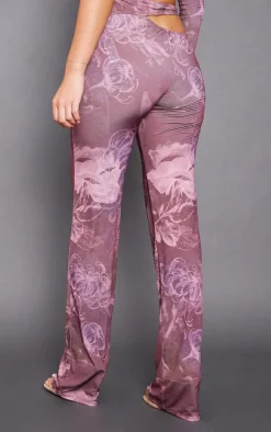 Discount PrettyLittleThing Floral Slinky Cut Out Wide Leg Pants Chocolate