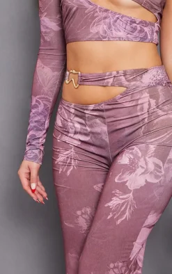Discount PrettyLittleThing Floral Slinky Cut Out Wide Leg Pants Chocolate