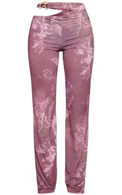 Discount PrettyLittleThing Floral Slinky Cut Out Wide Leg Pants Chocolate