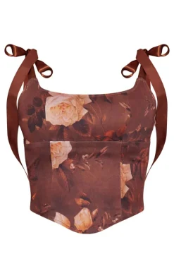 Online PrettyLittleThing Floral Woven Bow Strap Corset Chocolate