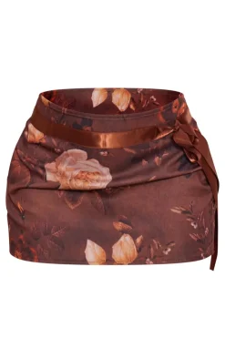 Online PrettyLittleThing Floral Woven Bow Detail Low Rise Micro Mini Skirt Chocolate