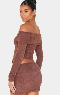 Clearance PrettyLittleThing Chocolate Fluffy Asymmetric Fold Over Bardot Top Chocolate.