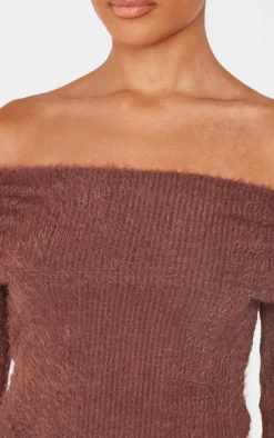 Clearance PrettyLittleThing Chocolate Fluffy Asymmetric Fold Over Bardot Top Chocolate.