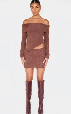 Sale PrettyLittleThing Chocolate Fluffy Fold Over Mini Skirt Chocolate.