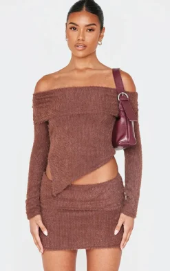 Sale PrettyLittleThing Chocolate Fluffy Fold Over Mini Skirt Chocolate.