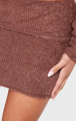 Sale PrettyLittleThing Chocolate Fluffy Fold Over Mini Skirt Chocolate.