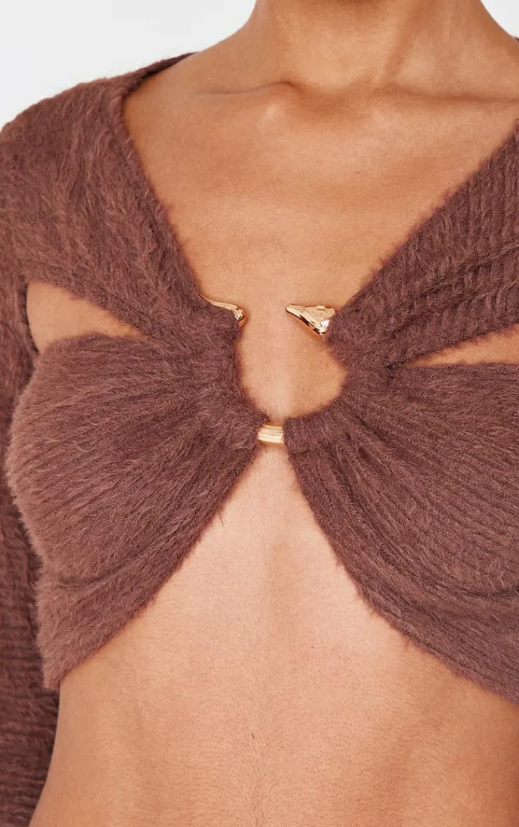 PrettyLittleThing Chocolate Fluffy Textured Trim Detail Crop Top Chocolate.