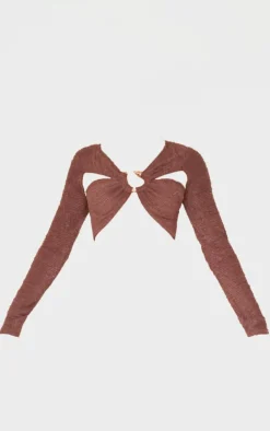 PrettyLittleThing Chocolate Fluffy Textured Trim Detail Crop Top Chocolate.