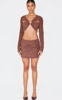 PrettyLittleThing Fluffy Textured Trim Detail Wrap Micro Mini Skirt Chocolate