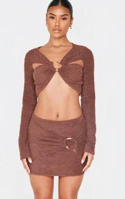 PrettyLittleThing Fluffy Textured Trim Detail Wrap Micro Mini Skirt Chocolate