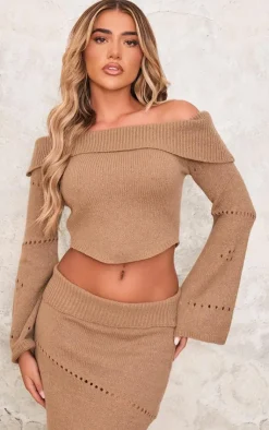 PrettyLittleThing Fold Over Bardot Knit Long Sleeve Top Chocolate