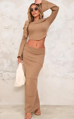 PrettyLittleThing Fold Over Bardot Knit Long Sleeve Top Chocolate