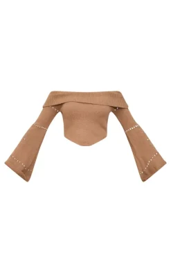 PrettyLittleThing Fold Over Bardot Knit Long Sleeve Top Chocolate