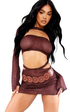 Sale PrettyLittleThing Glitter Textured Rib Micro Mini Skirt Chocolate