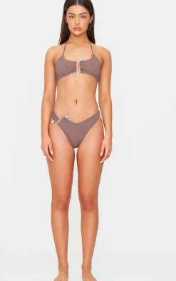 Chocolate Halterneck Silver Trim Bikini Top