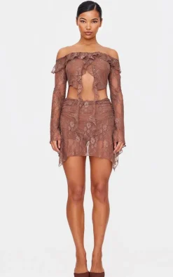 Chocolate Lace Cut Out Bardot Filly Detail Romper-PrettyLittleThing Sale