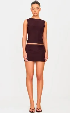Sale PrettyLittleThing Chocolate Low Rise Slinky Micro Mini Skirt Chocolate.