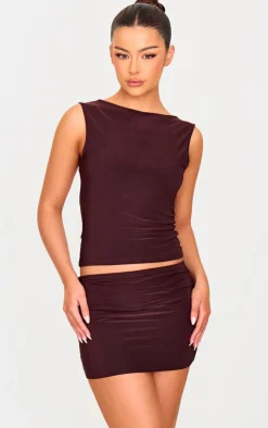 Sale PrettyLittleThing Chocolate Low Rise Slinky Micro Mini Skirt Chocolate.