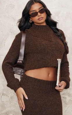 Hot PrettyLittleThing Marl Knit Asymmetric Overlay Oversized Sweater Chocolate