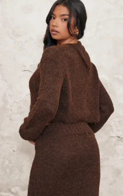 Hot PrettyLittleThing Marl Knit Asymmetric Overlay Oversized Sweater Chocolate