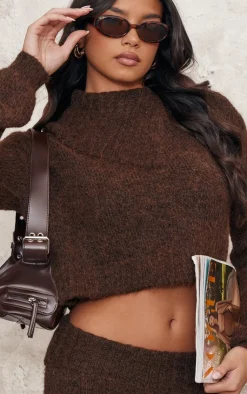 Hot PrettyLittleThing Marl Knit Asymmetric Overlay Oversized Sweater Chocolate
