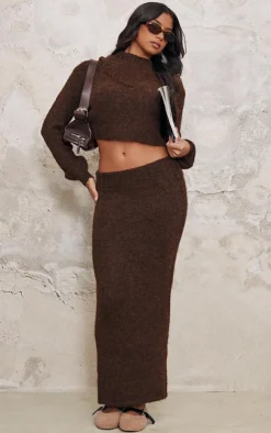 Best PrettyLittleThing Marl Knit Foldover Maxi Skirt Chocolate