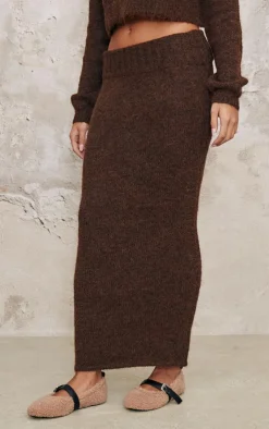 Best PrettyLittleThing Marl Knit Foldover Maxi Skirt Chocolate