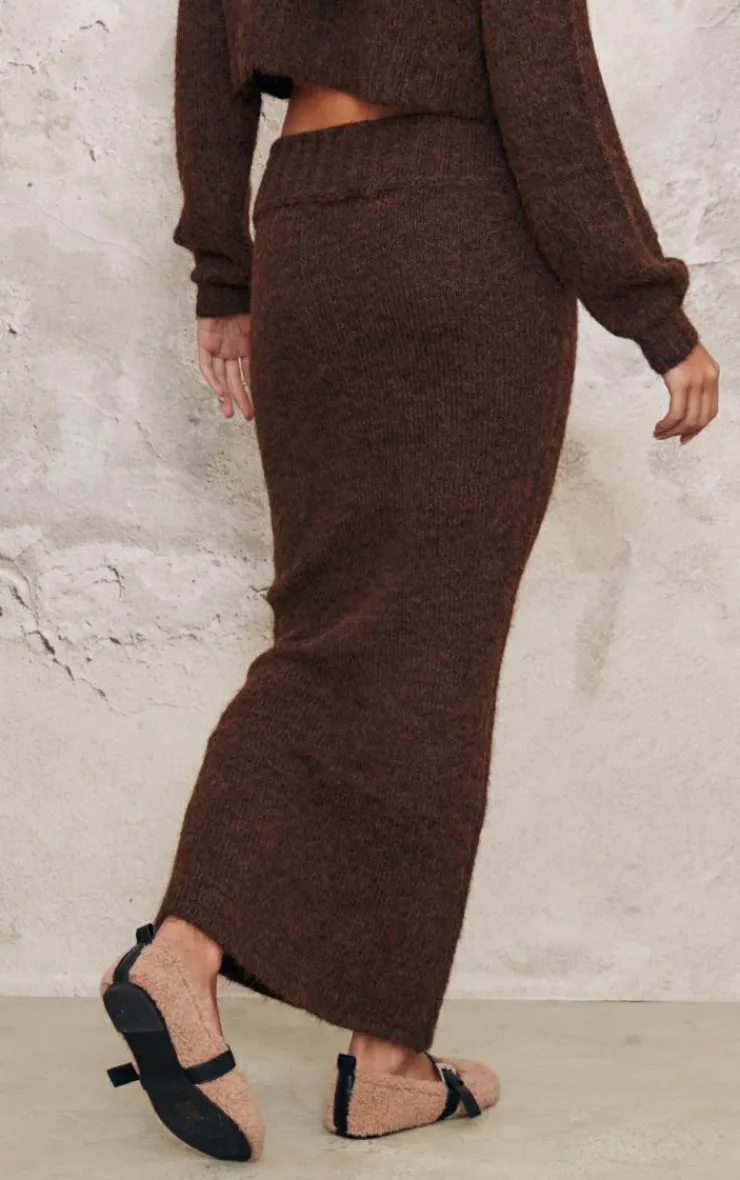 Best PrettyLittleThing Marl Knit Foldover Maxi Skirt Chocolate