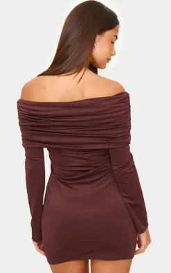 Chocolate Matte Sculpt Double Layer Foldover Bardot Long Sleeve Mini Dress-PrettyLittleThing Best