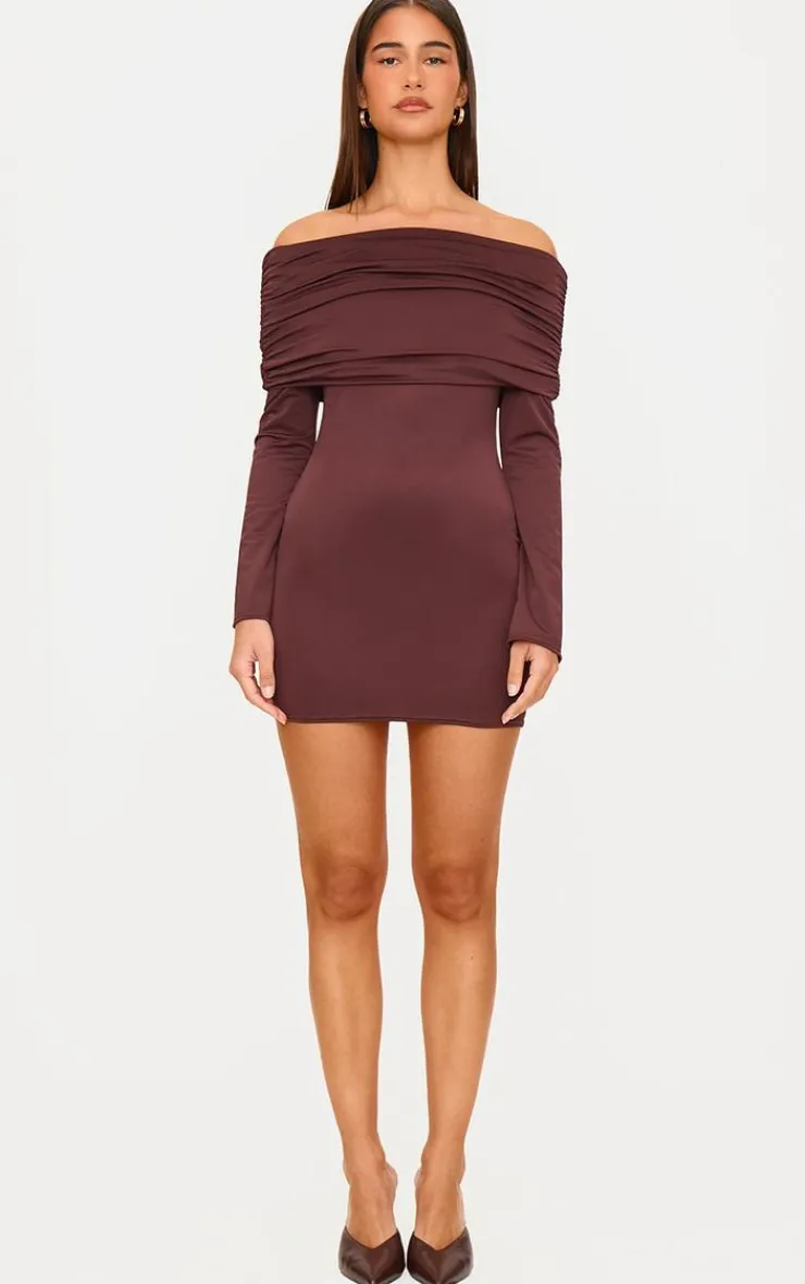 Chocolate Matte Sculpt Double Layer Foldover Bardot Long Sleeve Mini Dress-PrettyLittleThing Best