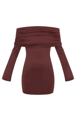Chocolate Matte Sculpt Double Layer Foldover Bardot Long Sleeve Mini Dress-PrettyLittleThing Best