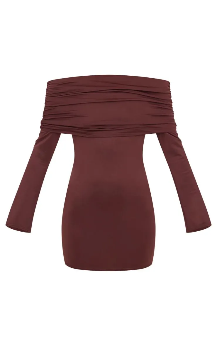 Chocolate Matte Sculpt Double Layer Foldover Bardot Long Sleeve Mini Dress-PrettyLittleThing Best