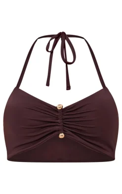 Outlet PrettyLittleThing Chocolate Matte Touch Halterneck Ruched Top Chocolate.
