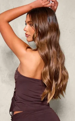 Hot PrettyLittleThing Chocolate Matte Touch Ruched Side Bandeau Chocolate.